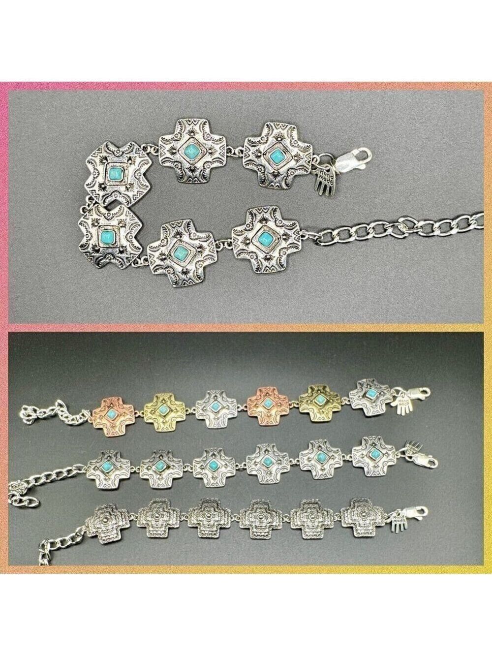 Faux Turquoise and Silver Tone Concho Chain Bracelet #1440